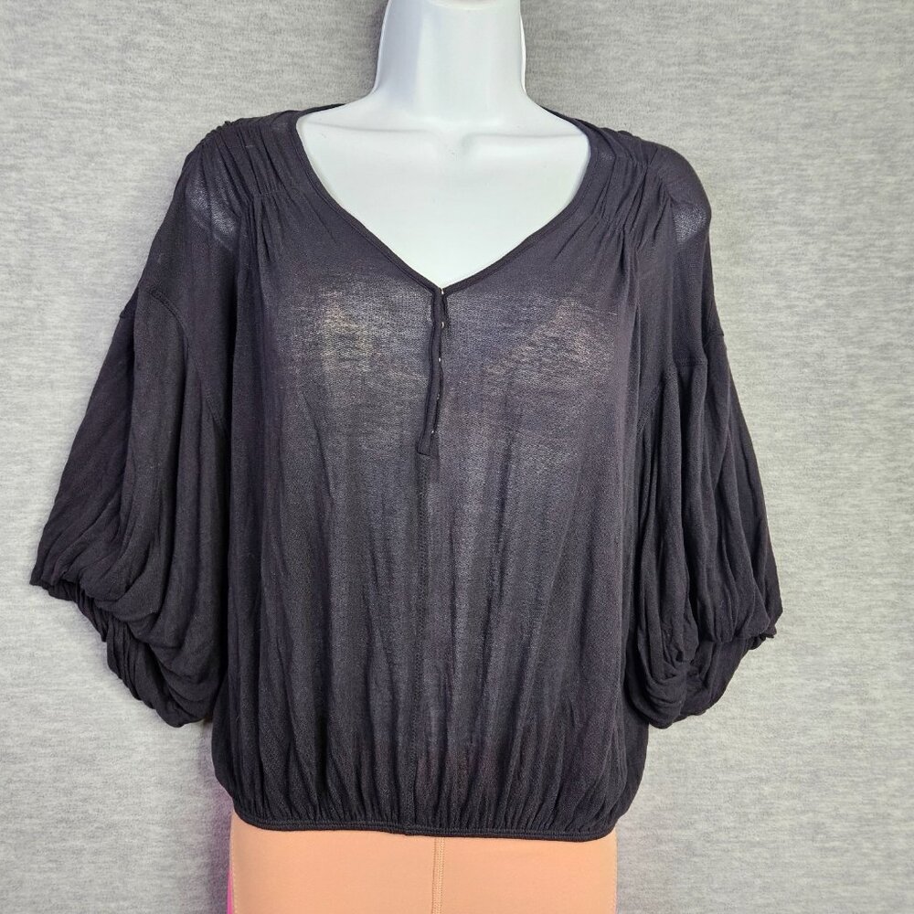 Free PEople Peaks Island Black Slouchy Jersey Henley See-through Top Sz XS